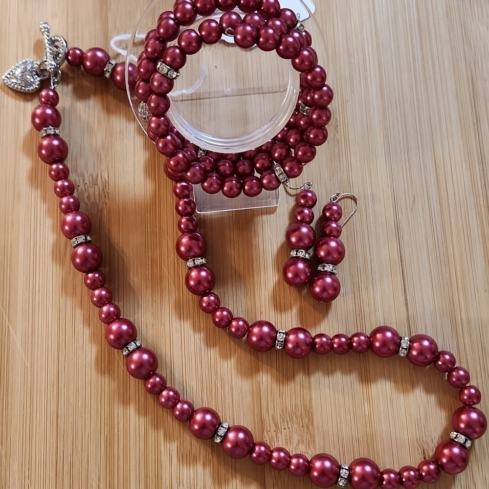 Hand Crafted Pearl Necklace Set Garnet Red Necklace Wrap Bracelet Drop Earrings